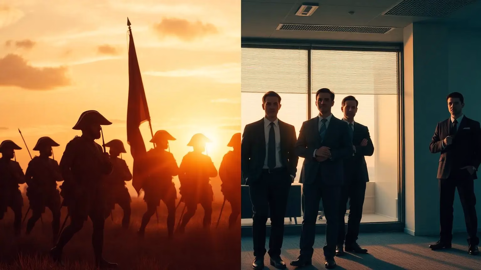 Split image of Revolutionary War soldiers and modern leaders in similar poses