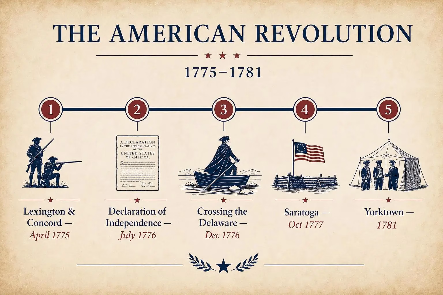 Timeline of major Revolutionary War events from 1775 to 1781